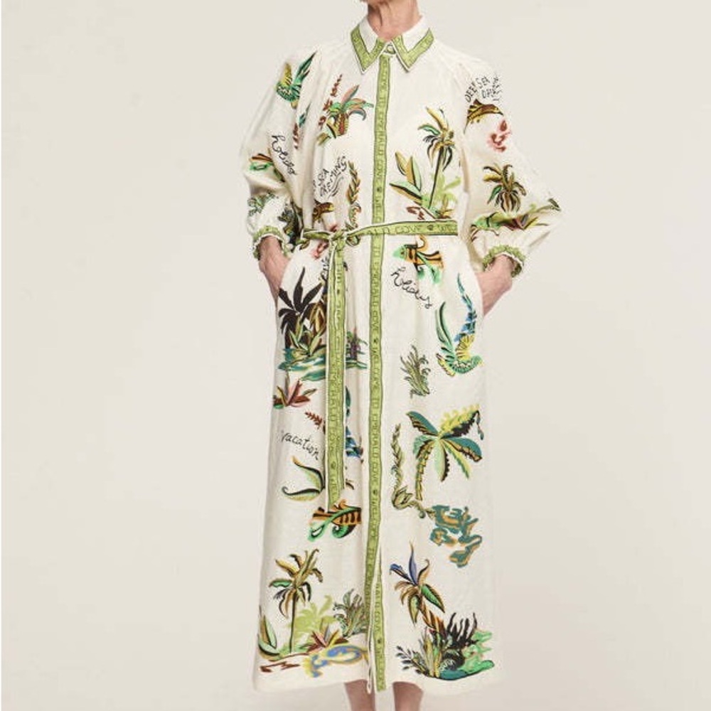 Zimmermann Cream Tropical Print Maxi Shirt Dress with Green Trim